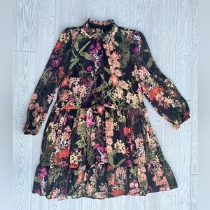 Melonie T Floral Ruffle Tiered Fit and Flare Dress Long Sheer Sleeves Size 6
